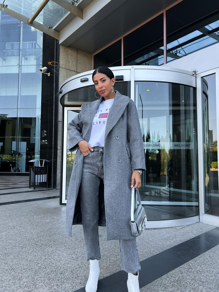Gri Balıksırtı Oversize Kaban