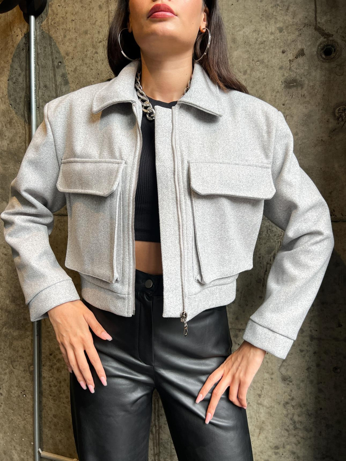 Gri Bomber Kaşe Kısa Ceket