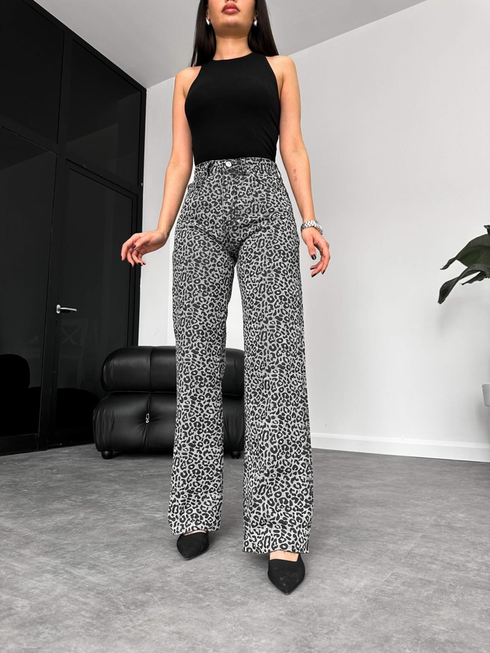 Gri Leo Desenli Wide Leg Jean