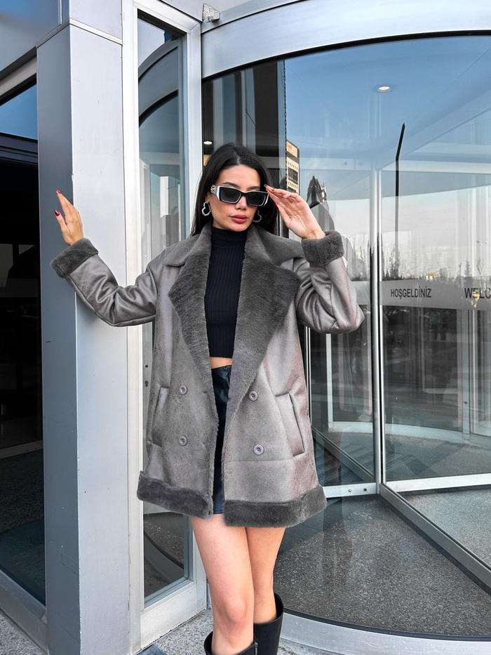 Gri Oversize Kürklü Ceket