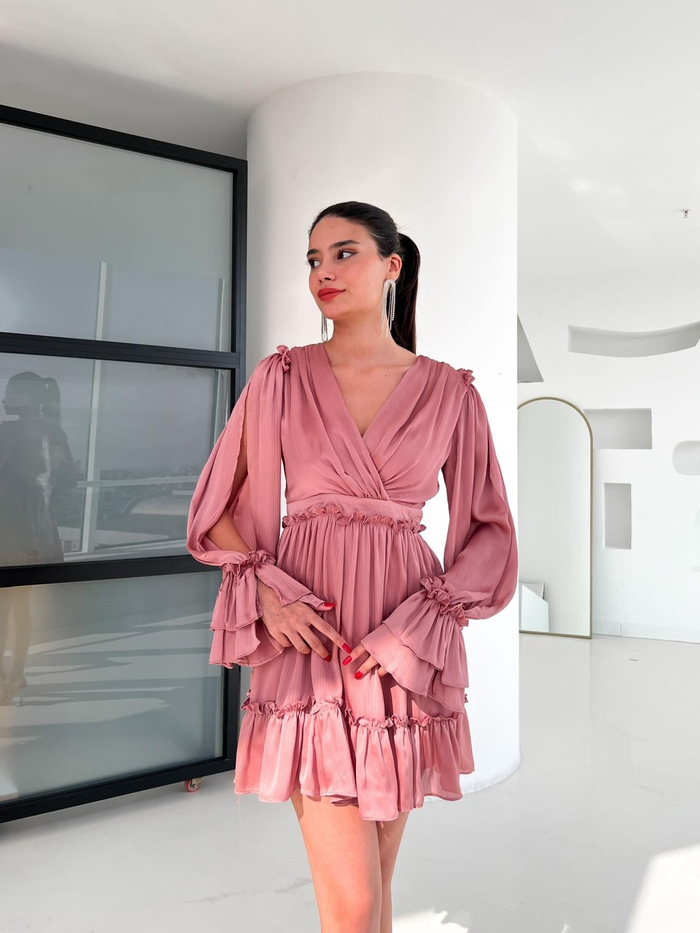 Gül Kurusu Ruffled Dekolte Elbise