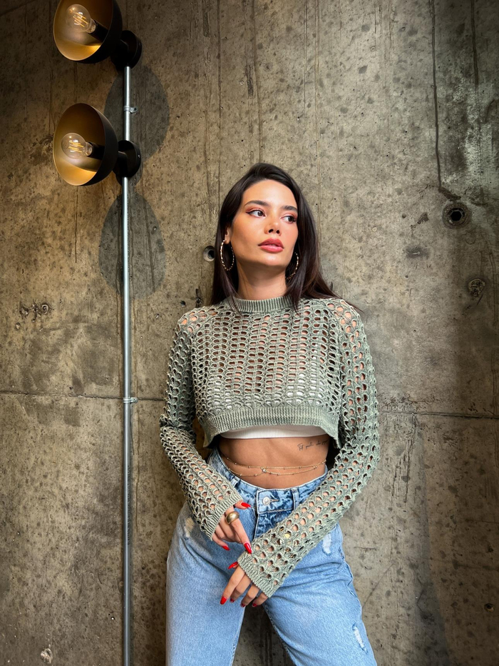 Haki Perforated Triko Kazak