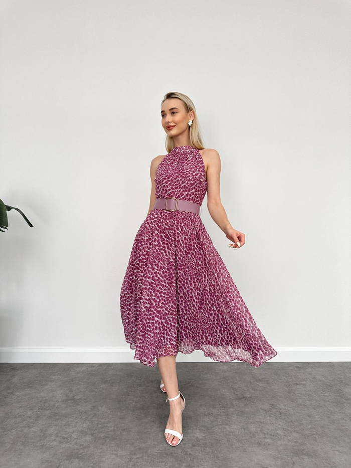 Halter Dalmaçya Desenli Kloş Midi Elbise