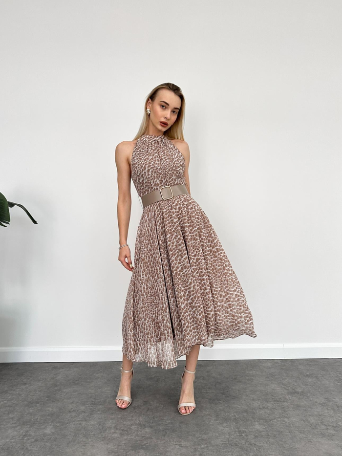 Halter Dalmaçya Desenli Kloş Midi Elbise