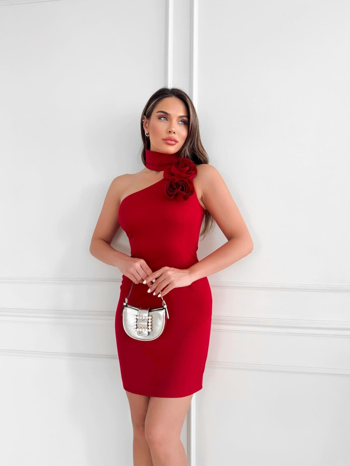 Halter Tek Omuz Çiçekli Mini Elbise