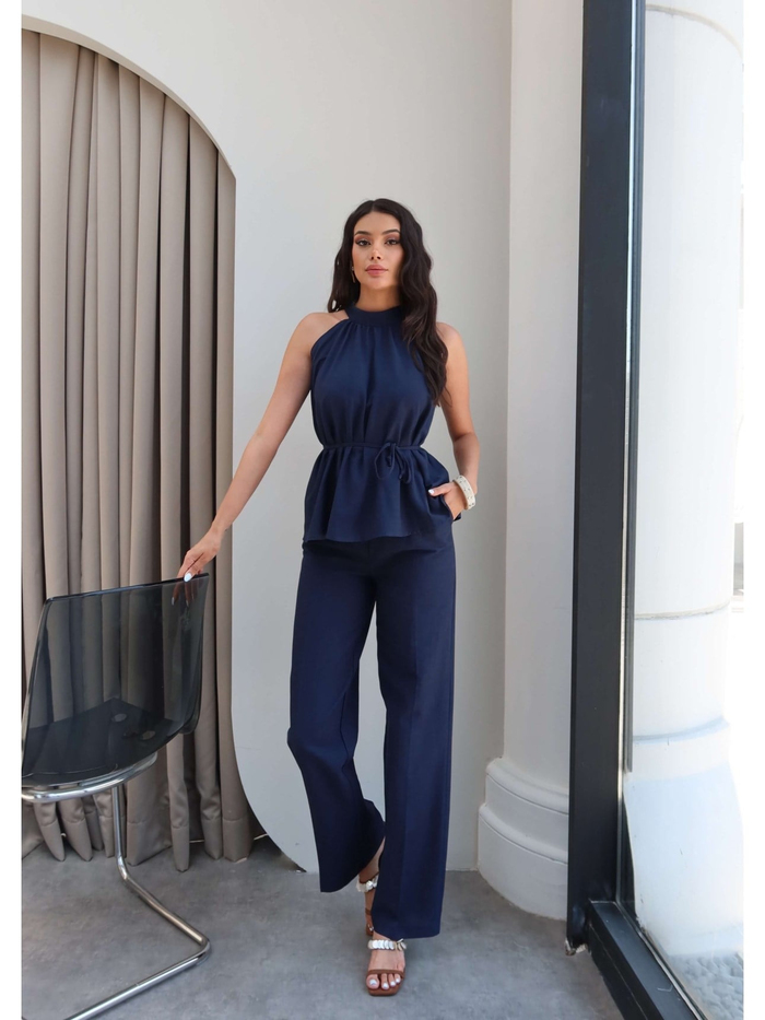 Halter Yaka Kuşaklı Bluz Pantolon Takım