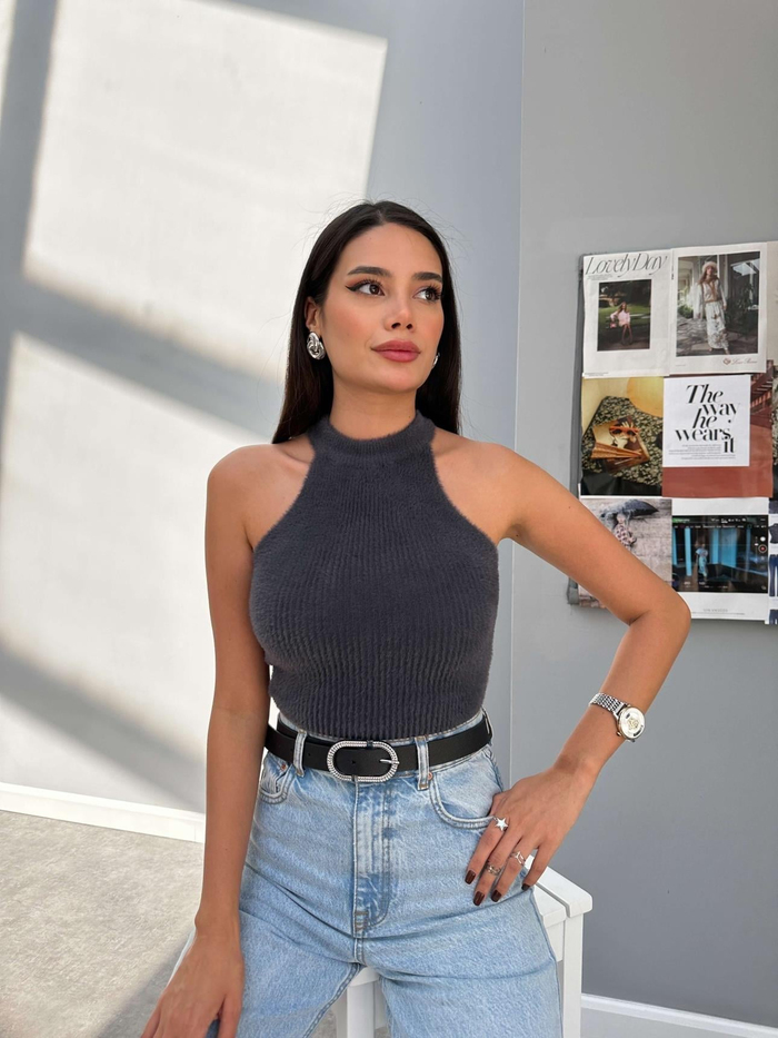 Halter Yaka Peluş Bluz