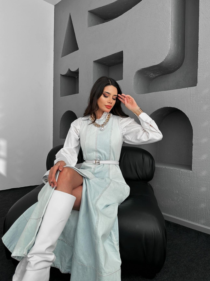 İce Blue Parçalı Denim Elbise