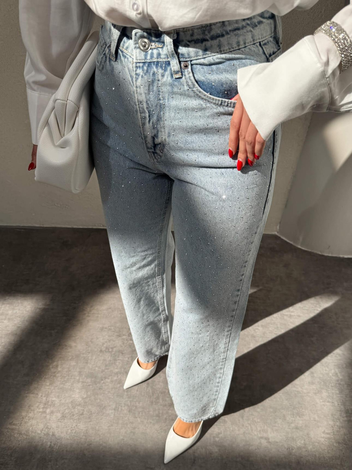 Ice Blue Taşlı Geniş Paça Jean