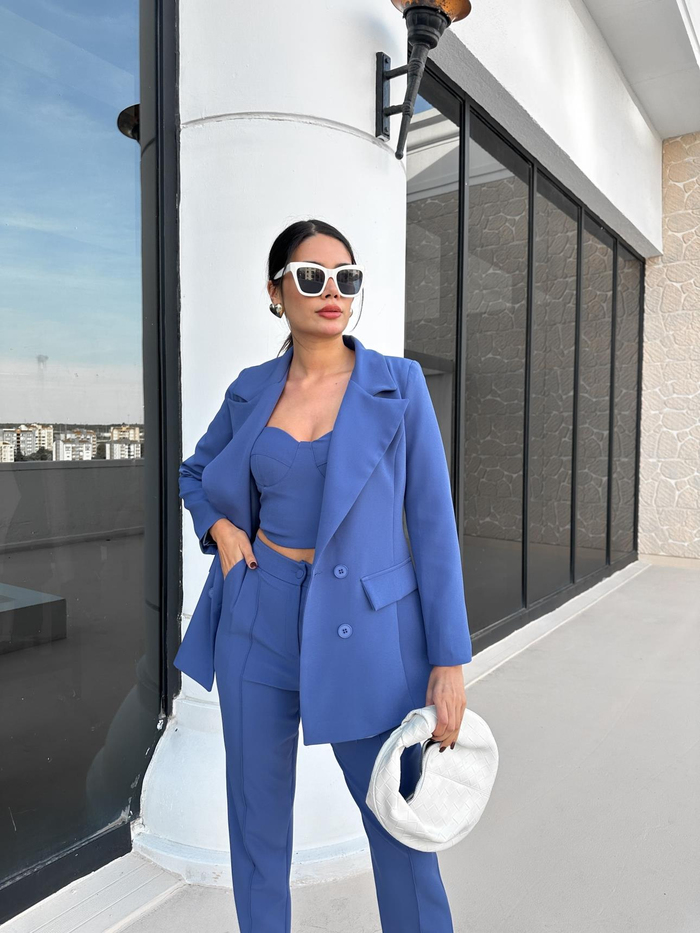 İndigo Klasik Blazer Üçlü Takım