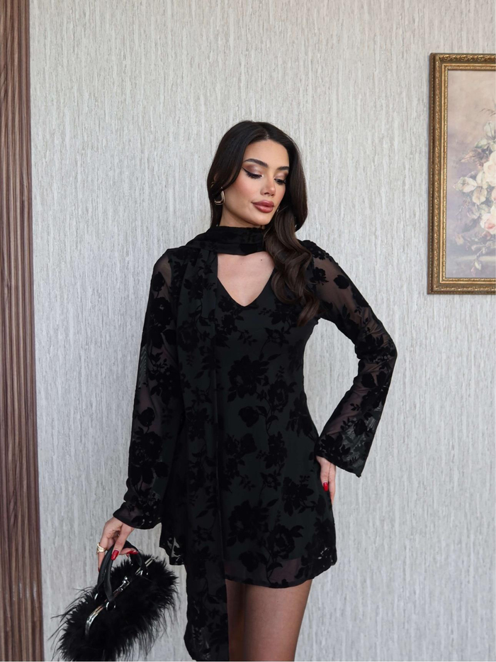 Kadife Baskı Fularlı Mini Elbise