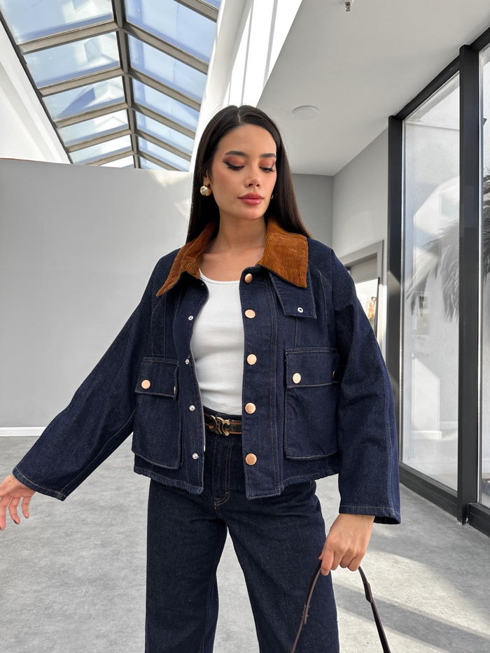 Kadife Yaka Detaylı Denim Ceket
