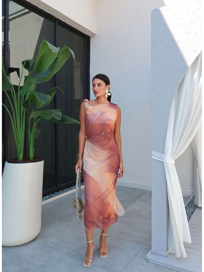 Kahve Batik Desen Midi Elbise