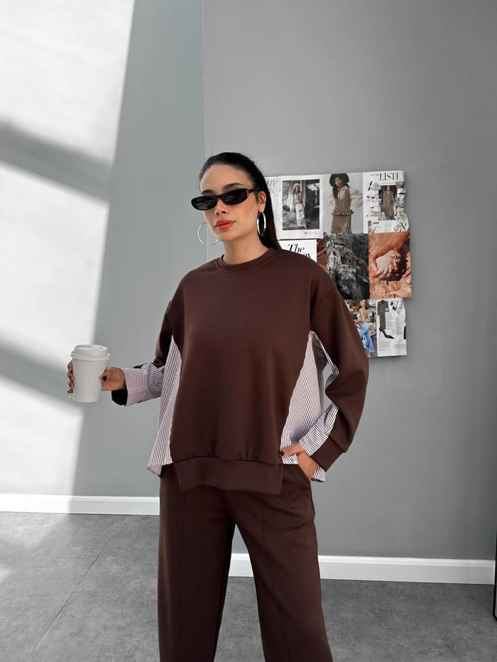 Kahve Garnili Oversize Takım