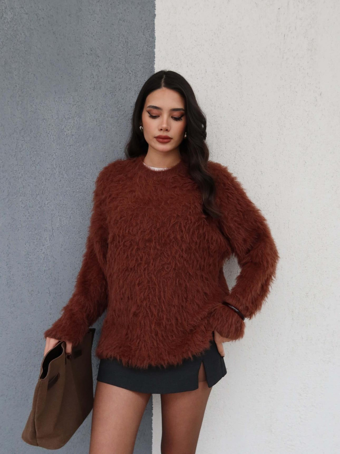Kahve Oversize Peluş Kazak
