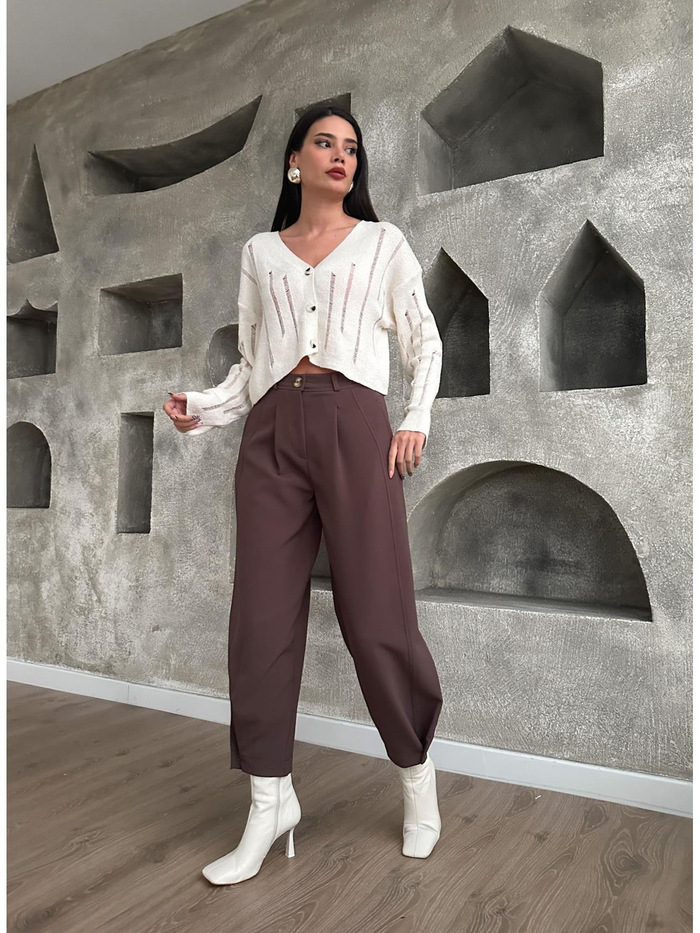 Kahve Paça Düğmeli Pantolon