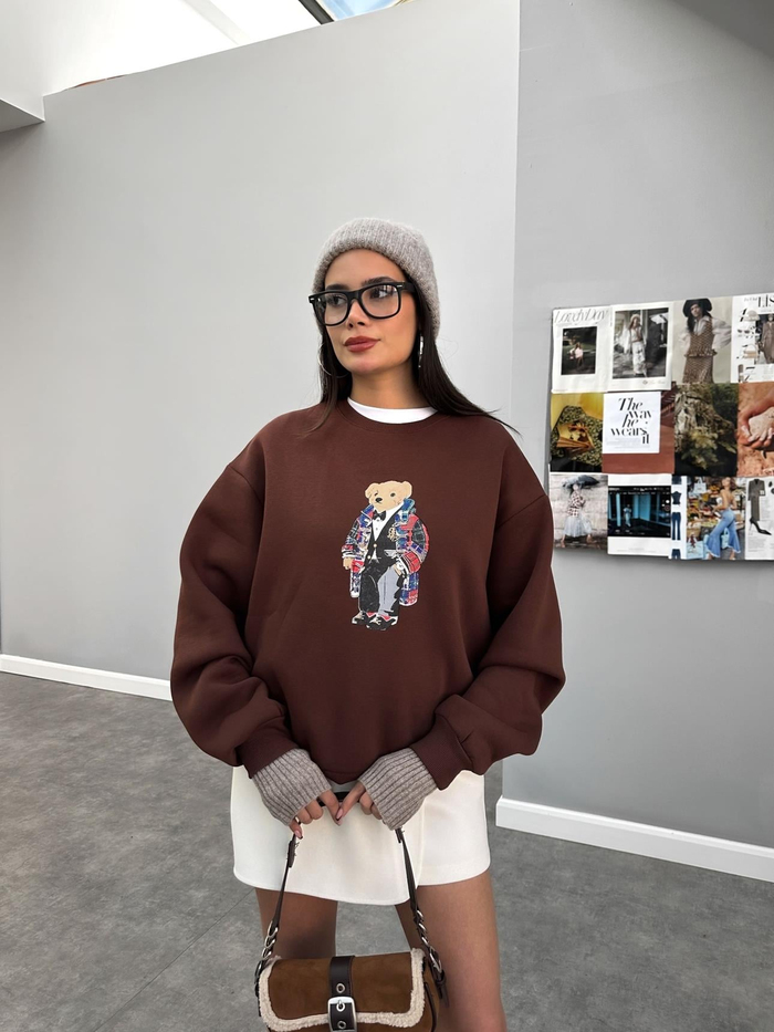 Kahve Teddy Bear Baskılı Sweat