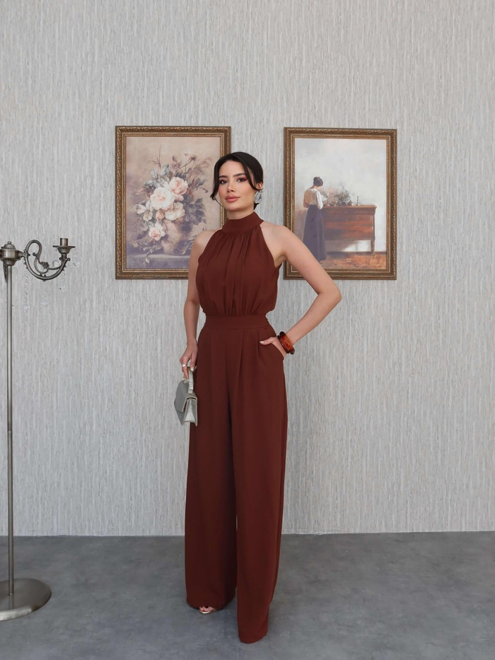 Kahverengi Halter Yaka Uzun Tulum