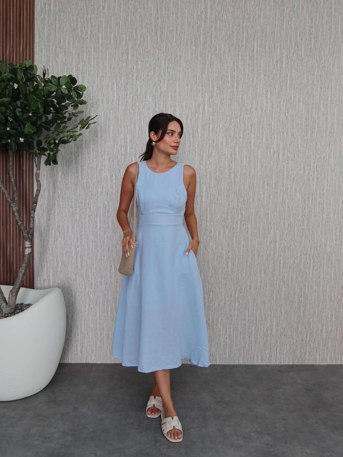 Kalın Askı Keten Cepli Elbise