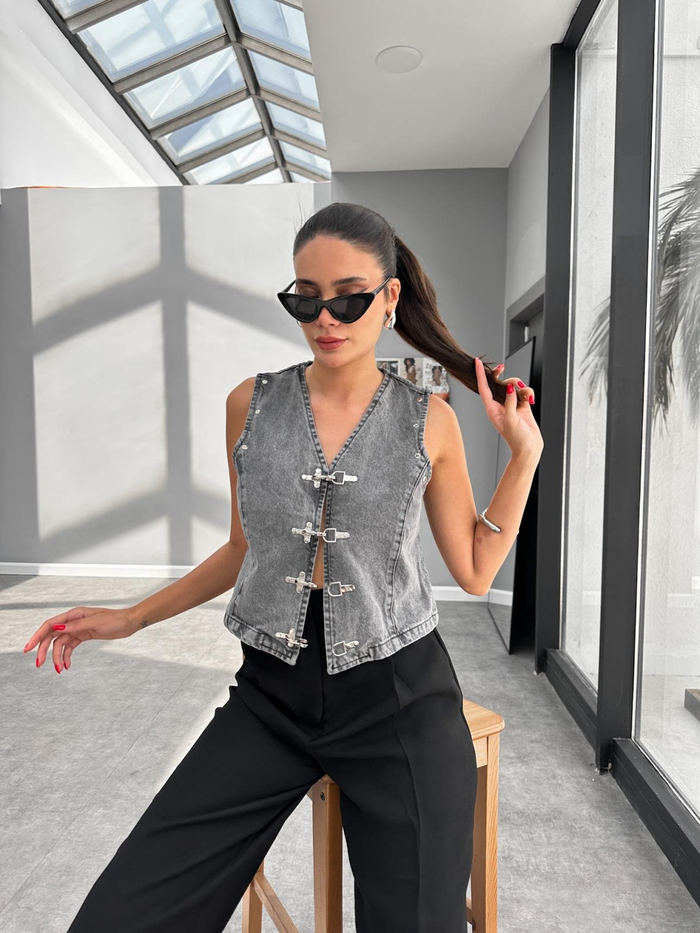Kancalı Blazer Crop Denim Yelek