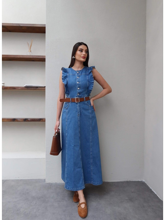 Kemerli Fırfır Detay Denim Elbise