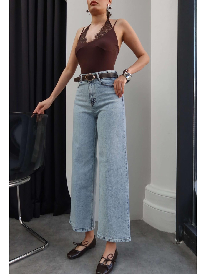 Kemerli Geniş Paça Jean