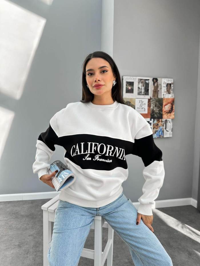 Kırık Beyaz California Baskı Garnili Sweat