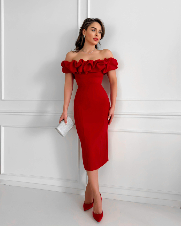 Kırmızı Yaka Frilly Fitted Elbise