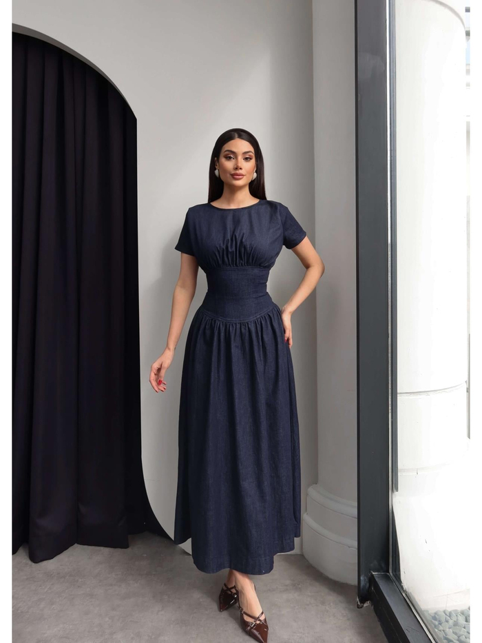 Kısa Kollu Denim Pileli Midi Elbise