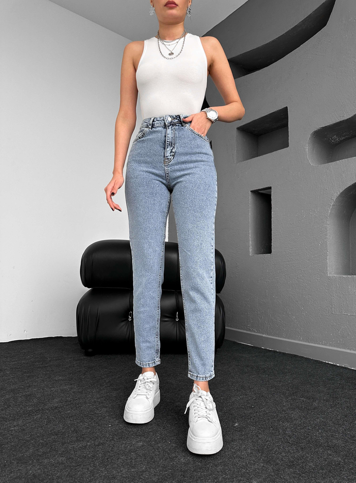 Kobalt Mavisi Likralı Mom Jean