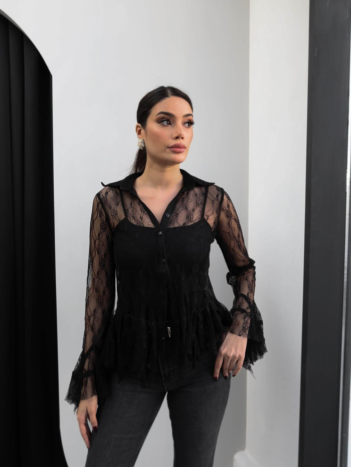 Kol Detay Dantelli Peplum Gömlek