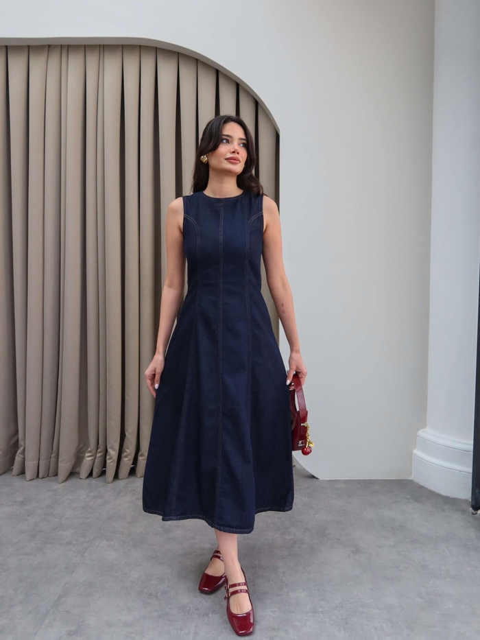 Kolsuz Denim Midi Elbise