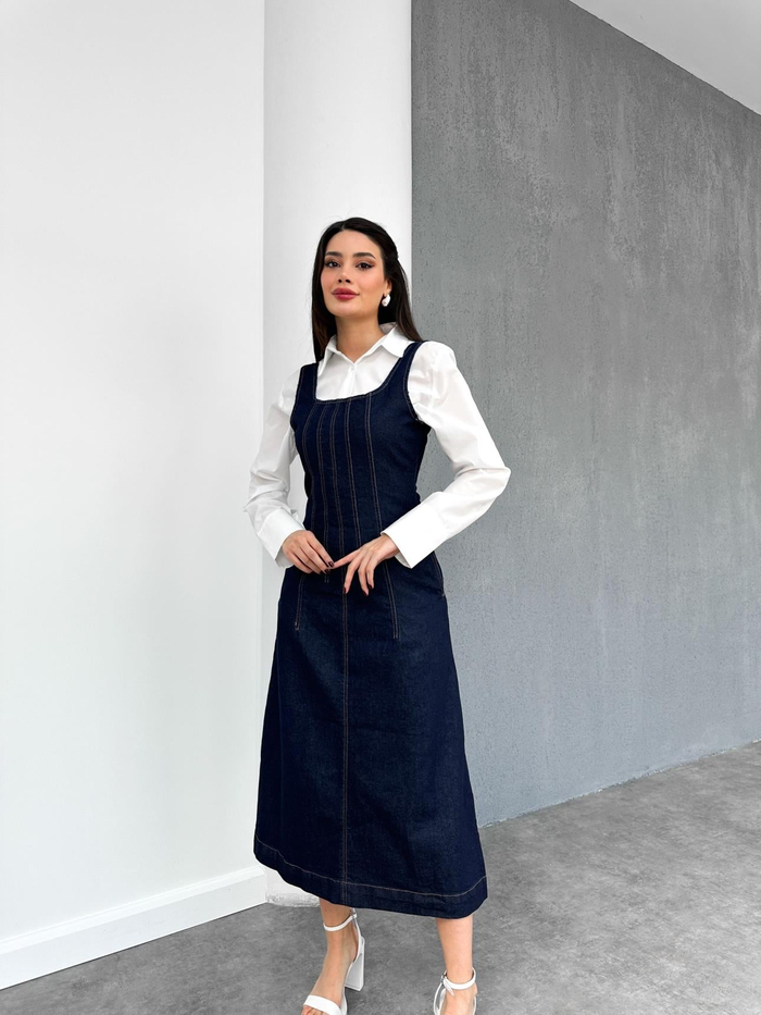 Koyu Lacivert Fermuarlı Denim Elbise