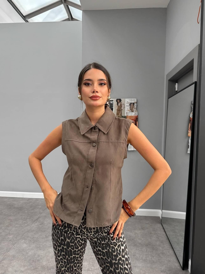 Koyu Vizon Süet Yakalı Berlin Yelek