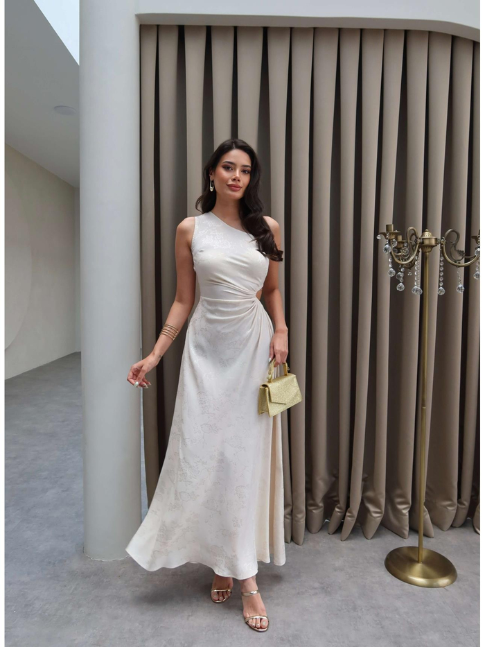 Krem Desenli Tek Kol Elbise