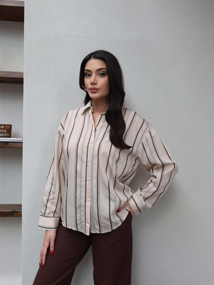Krem Kalın Çizgili Oversize Gömlek