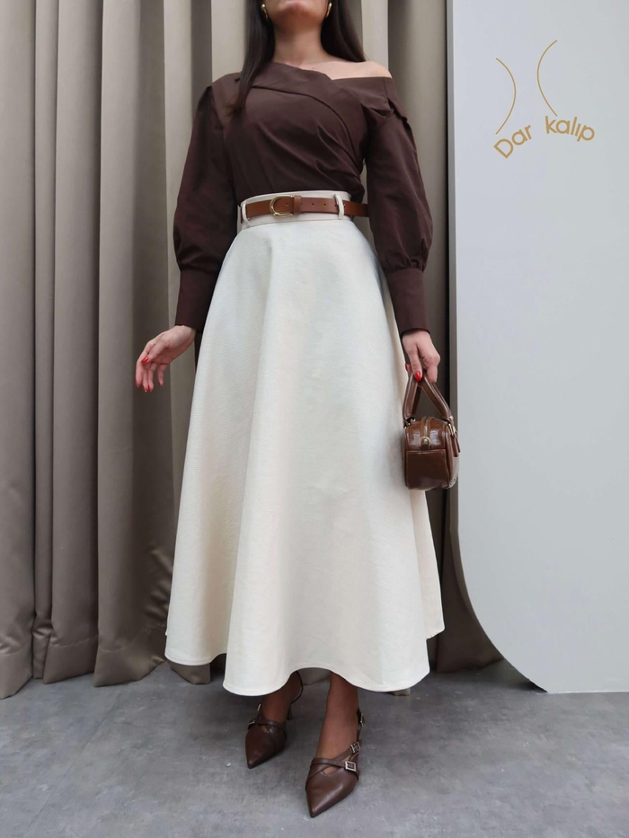 Krem Midi Gabardin Etek