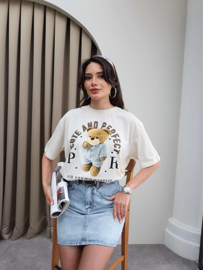 Krem Teddy Bear Baskılı T-shirt