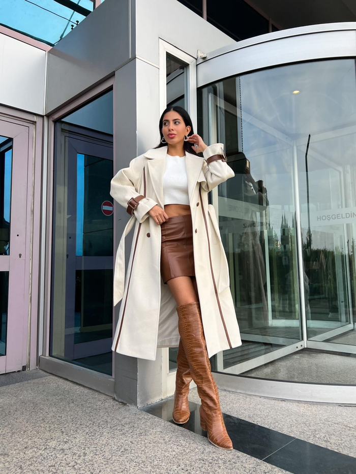 Krem Yün Leather Cuff Detay Kaşe Kaban