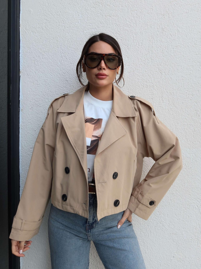 Kruvaze Yaka Apoletli Kısa Trench
