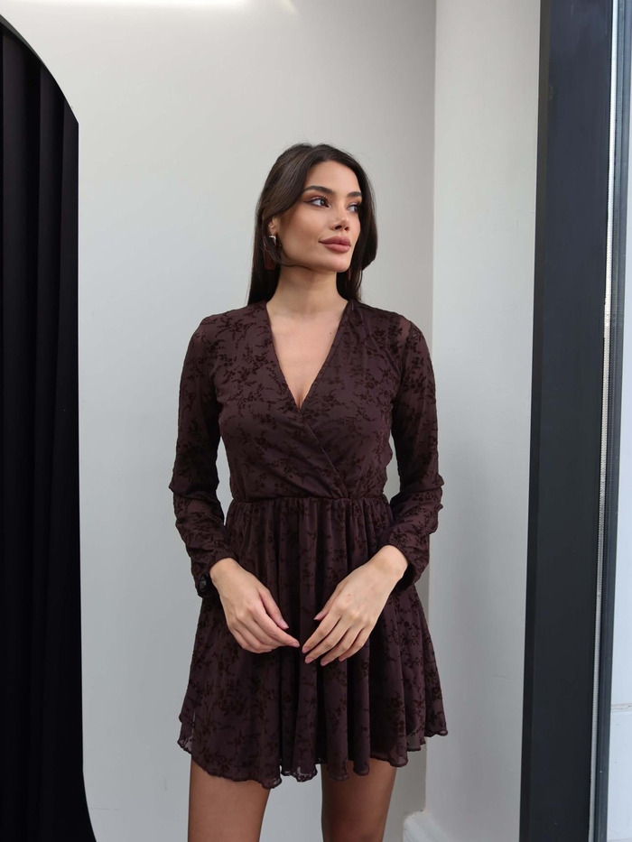 Kruvaze Yaka Çiçek Desen Tül Elbise