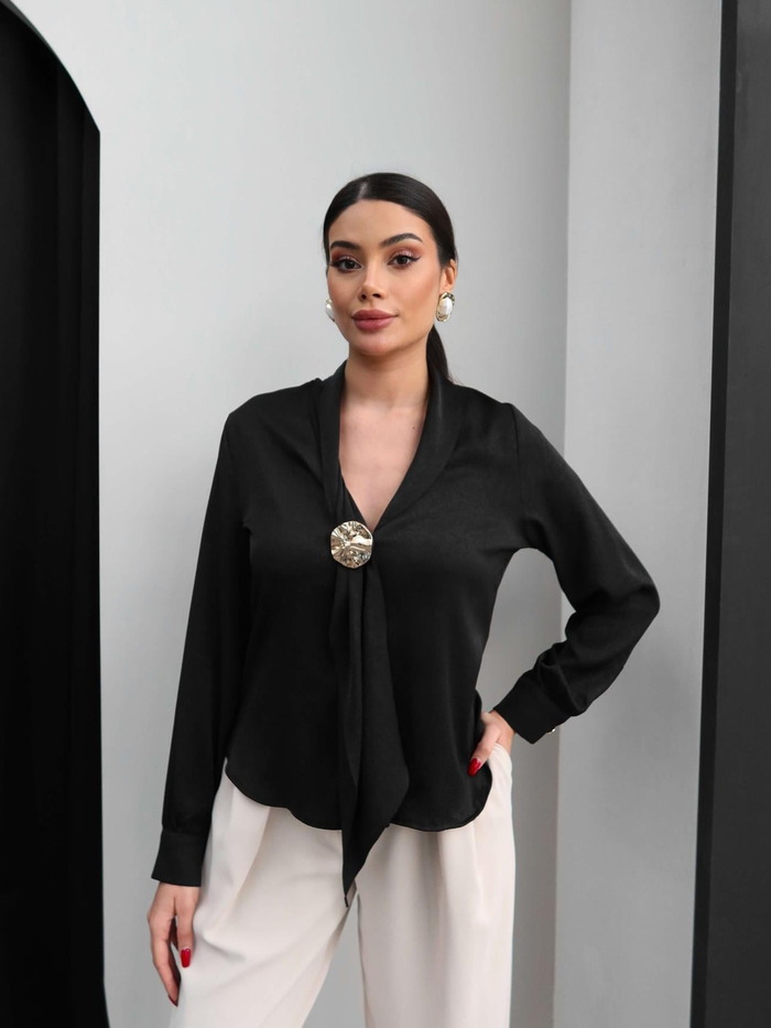 Kruvaze Yaka Gold Tokalı Bluz