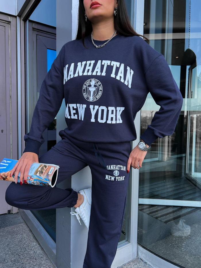 Lacivert Baskılı Örme Takım