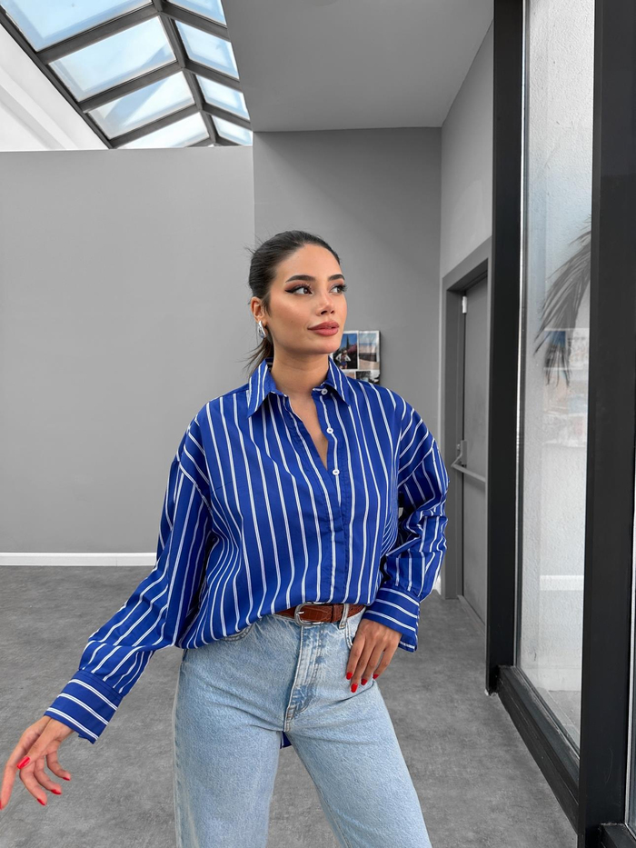 Lacivert Çizgili Arkası Uzun Oversize Gömlek