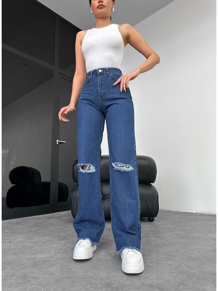 Lacivert  Diz Yırtık Detay Wide Leg Jean