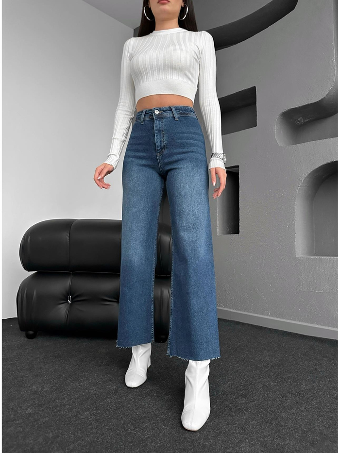 Lacivert Hıgh Rıse Wıde Leg Orj Jean