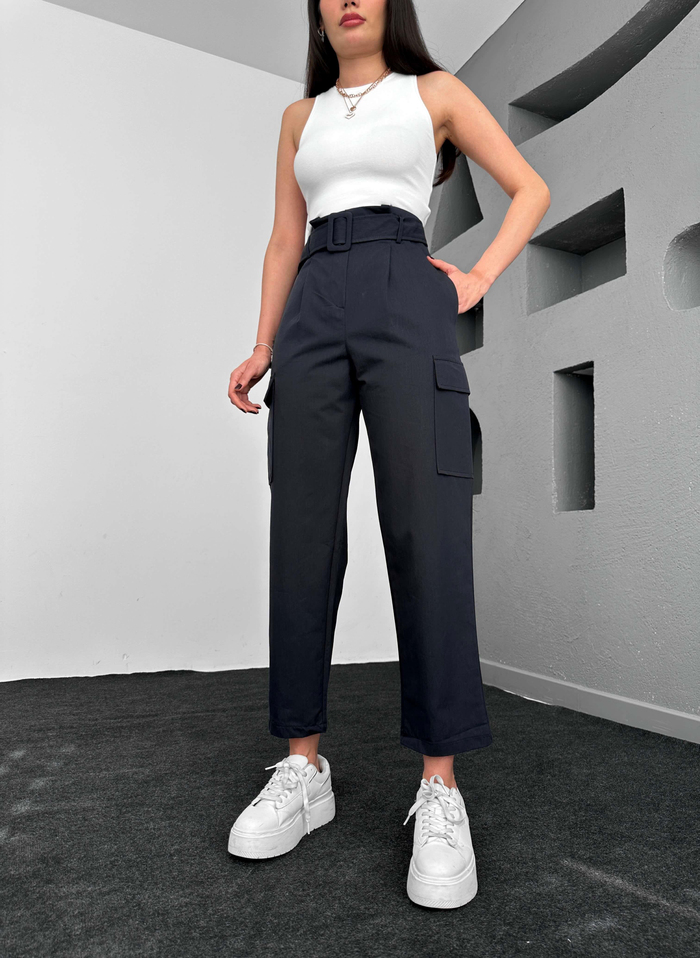 Lacivert Kemerli Cargo Pocket Pantolon