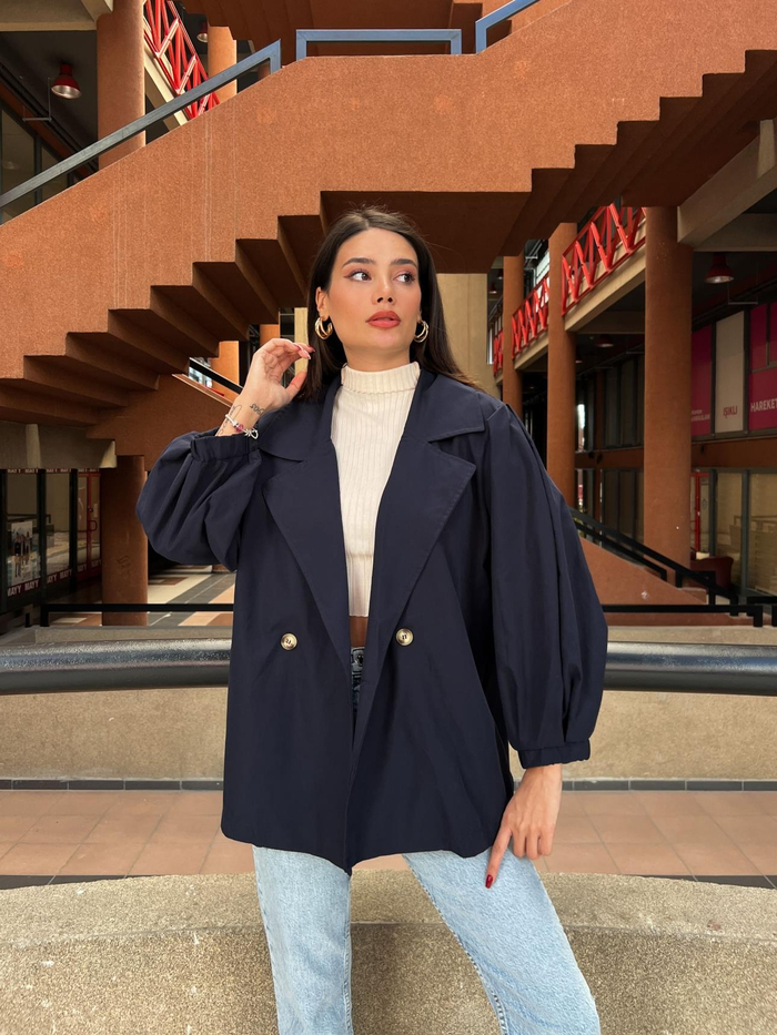 Lacivert  Oversize Kısa Trench