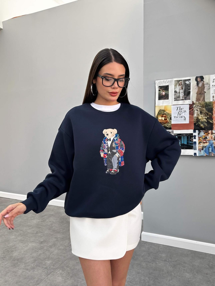 Lacivert Teddy Bear Baskılı Sweat