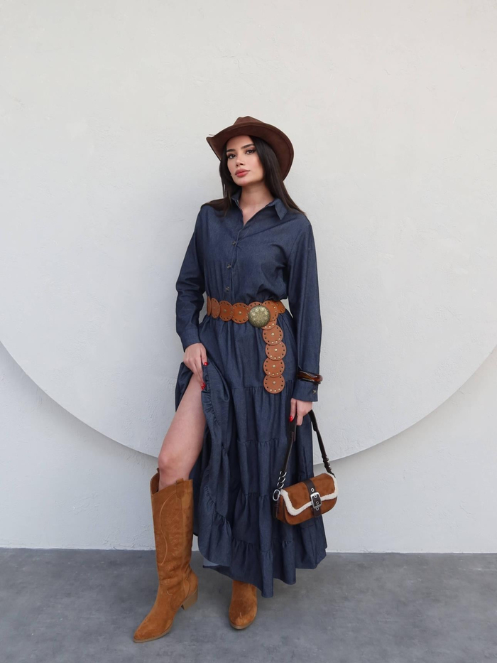 Lacivert Tensel Denim Kloş Elbise